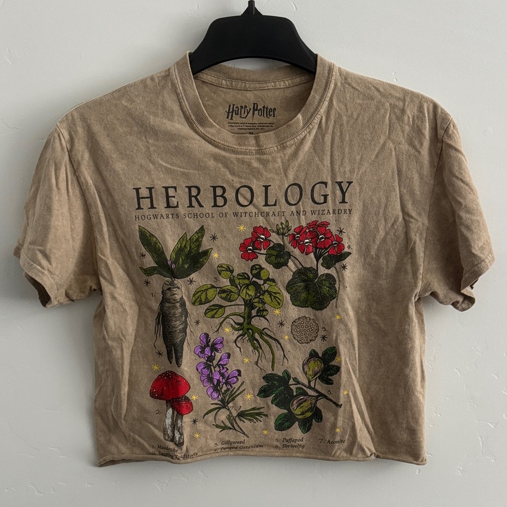 Harry Potter Herbology Graphic Tee Tan w/Multicolor Botanical Print 100% Cotton